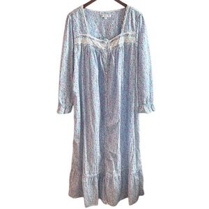 Eileen West Floral Purple Green White Cottage Long Sleeve Ballet Night Gown L